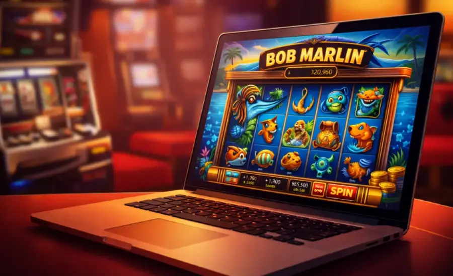 laptop in a casino playing slots